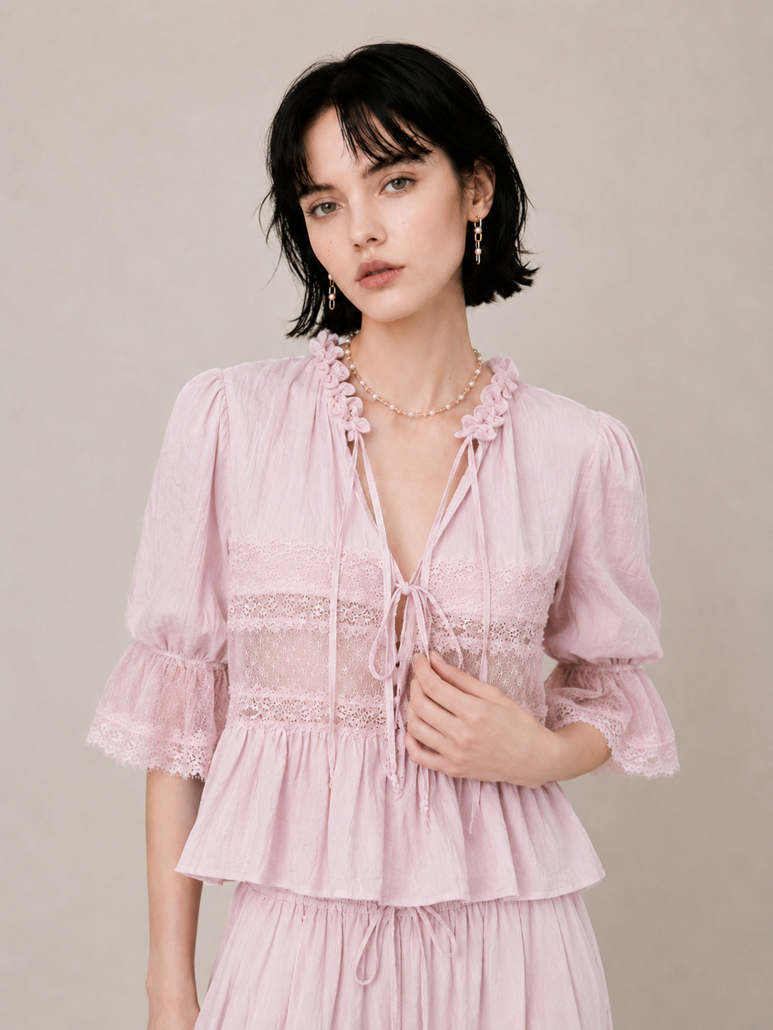 Romantic Lace-Trim Relaxed Blouse