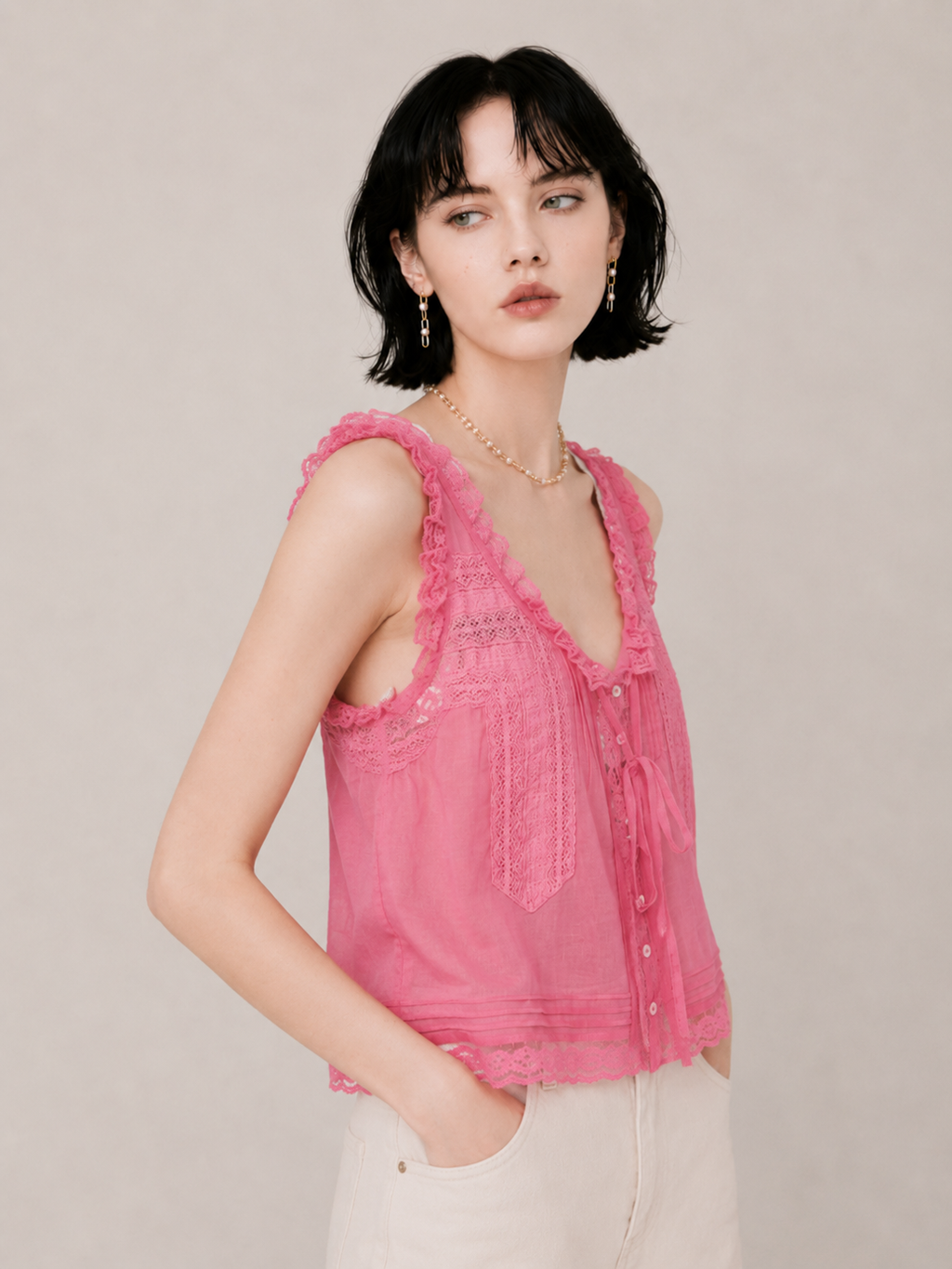 Sweet Lace-Trim Flowy Cami Top