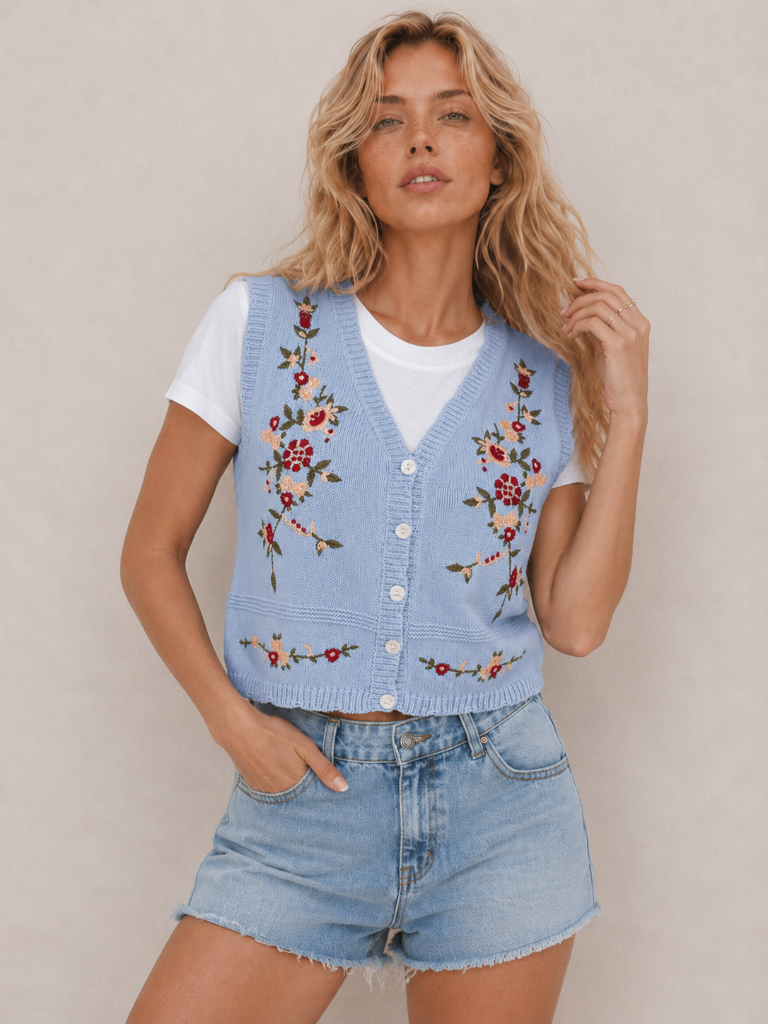 Vintage Floral Sleeveless Knit Waistcoat
