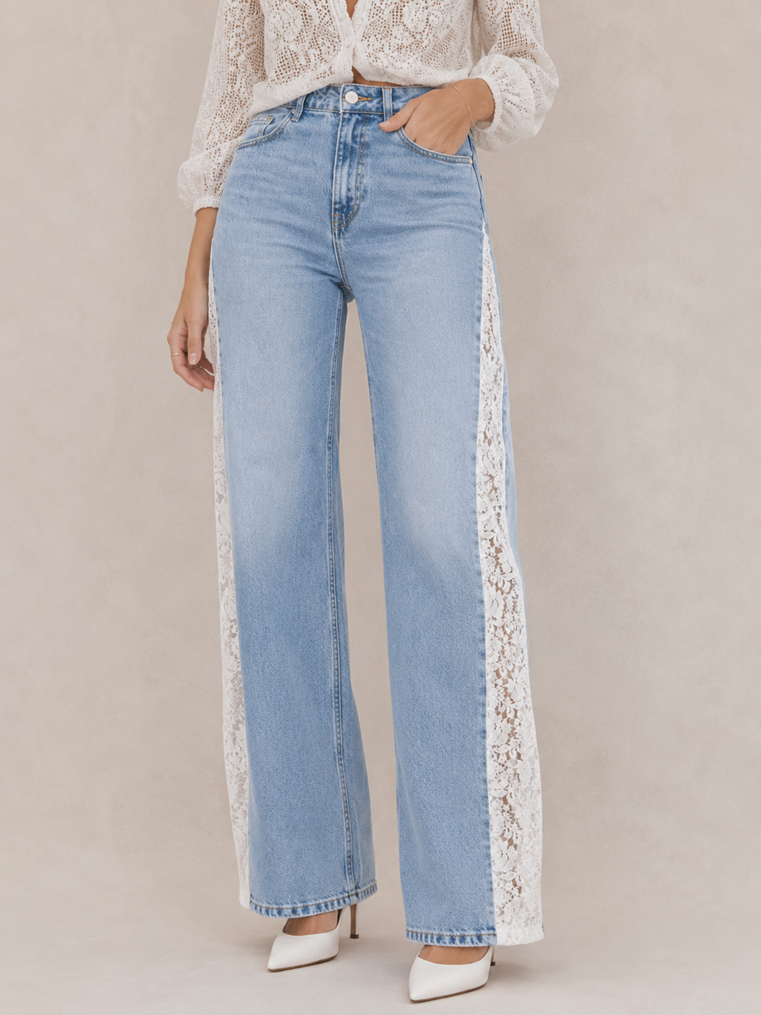 Trendy Lace-Panel Straight-Leg Jeans