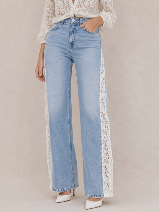 Trendy Lace-Panel Straight-Leg Jeans