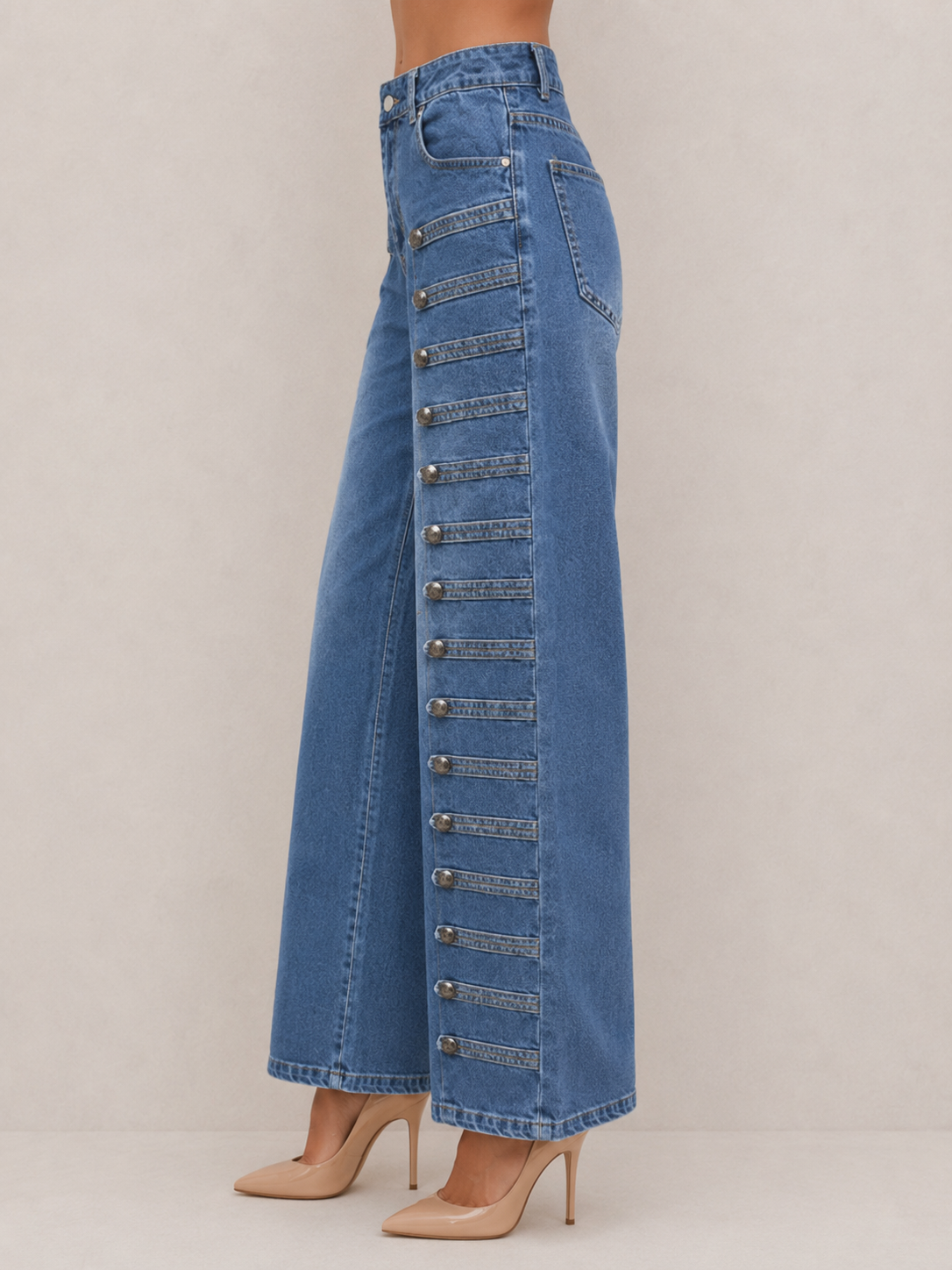 Vintage Button-Tab High-Waist Pants