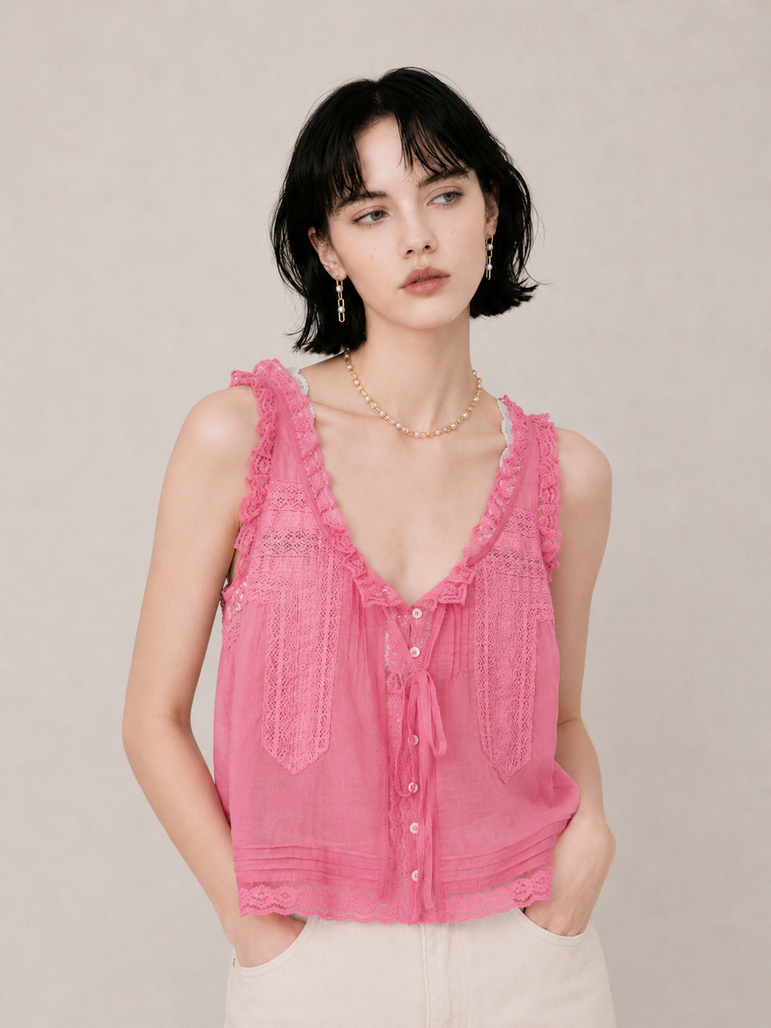 Sweet Lace-Trim Flowy Cami Top