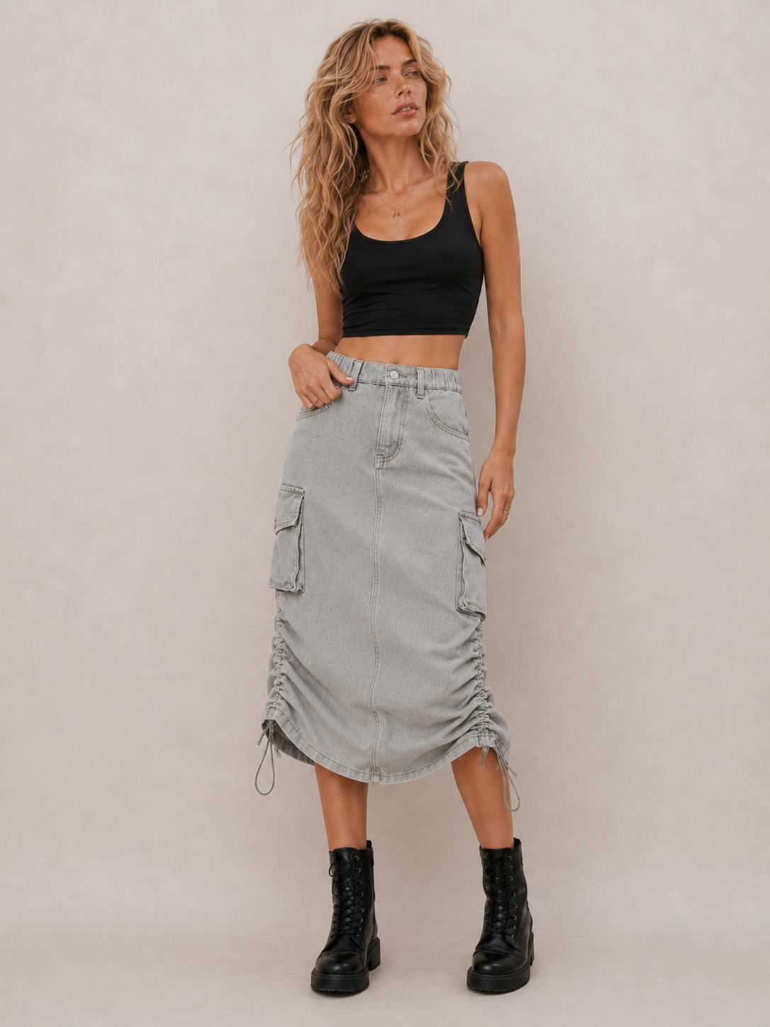 Edgy Cargo Ruched Midi Skirt