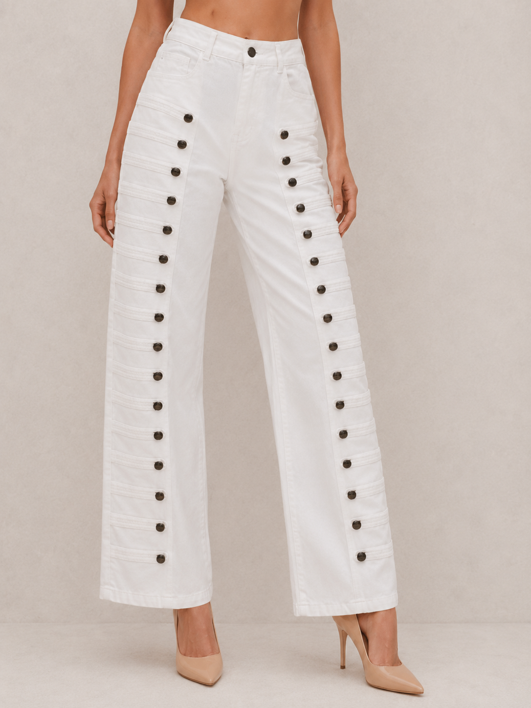Vintage Button-Tab High-Waist Pants