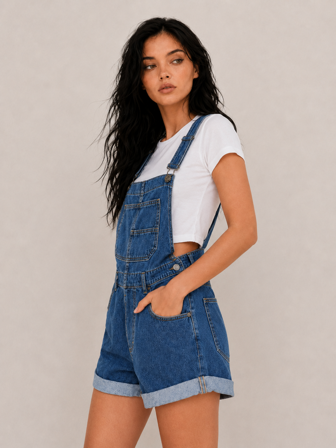Women's Denim Short Overalls with Pocket Detail