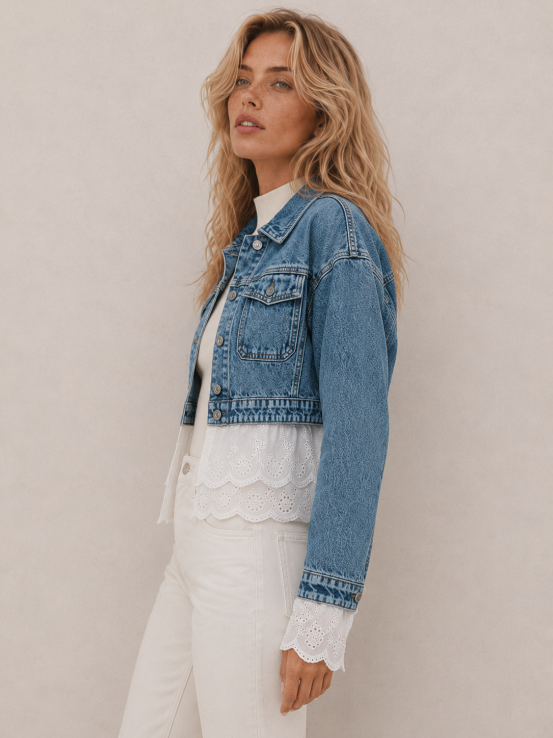 Chic Lace-Trim Cropped Jacket