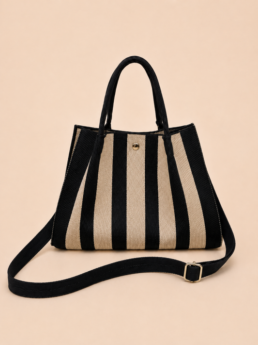 Striped Canvas Tote Bag with Crossbody Strap