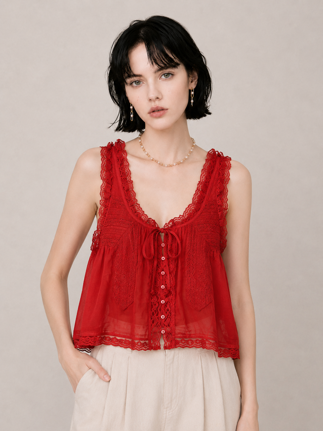 Sweet Lace-Trim Flowy Cami Top