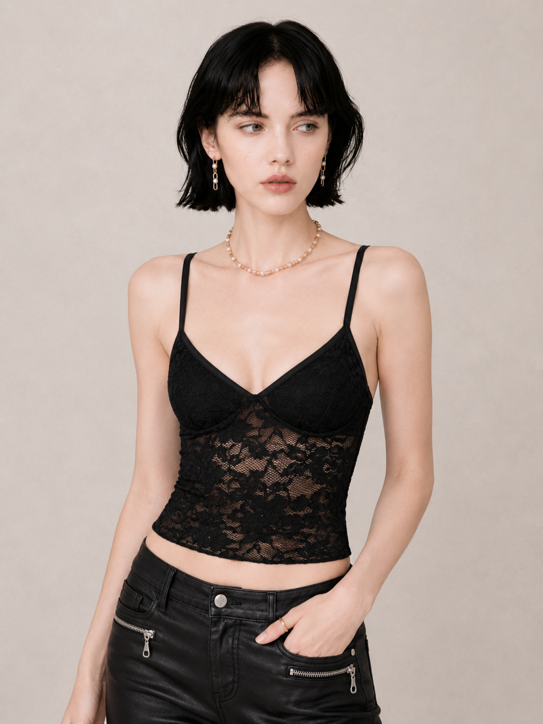 Romantic Lace-Panel Fitted Cami Top