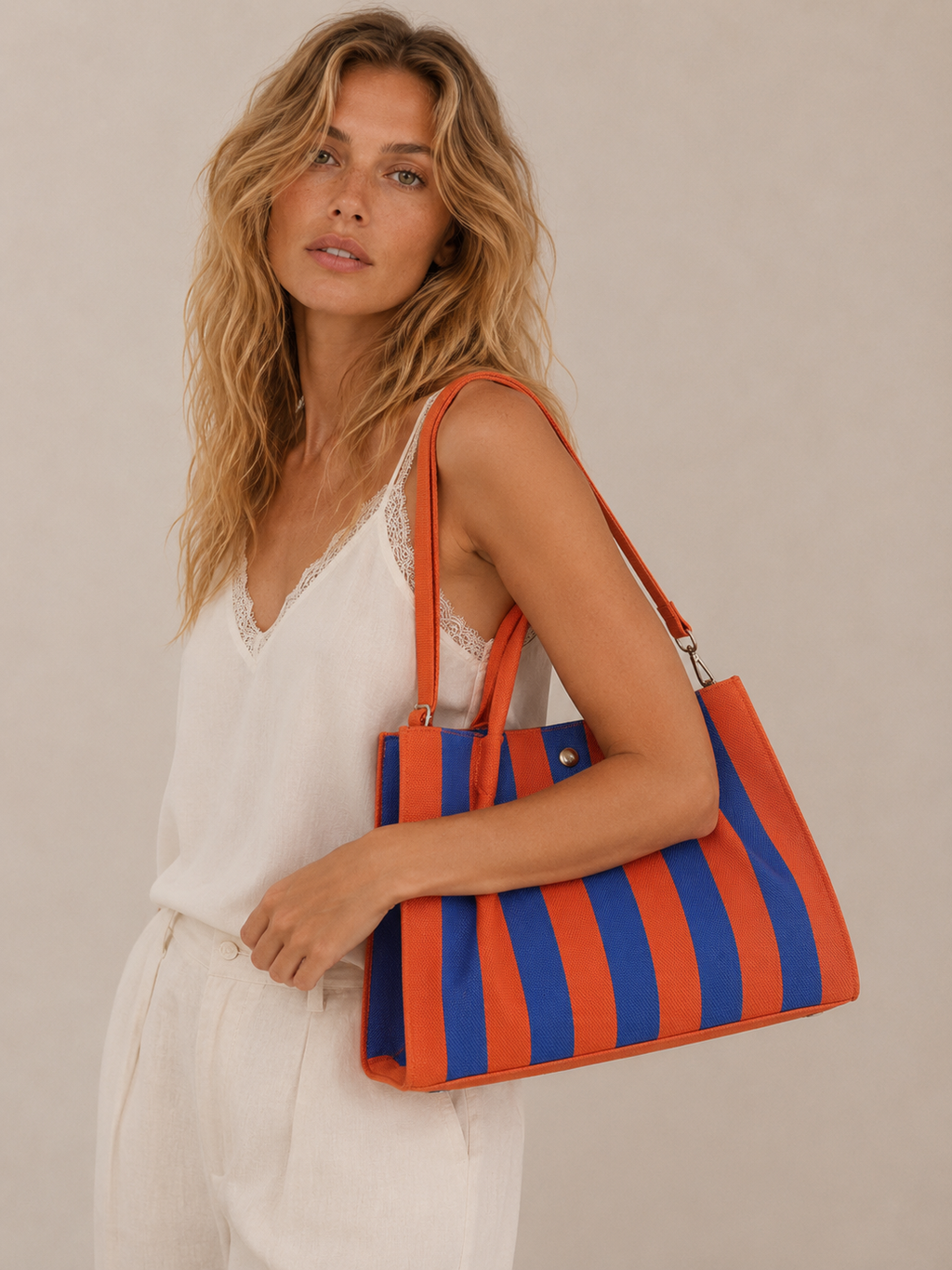 Striped Canvas Tote Bag with Crossbody Strap
