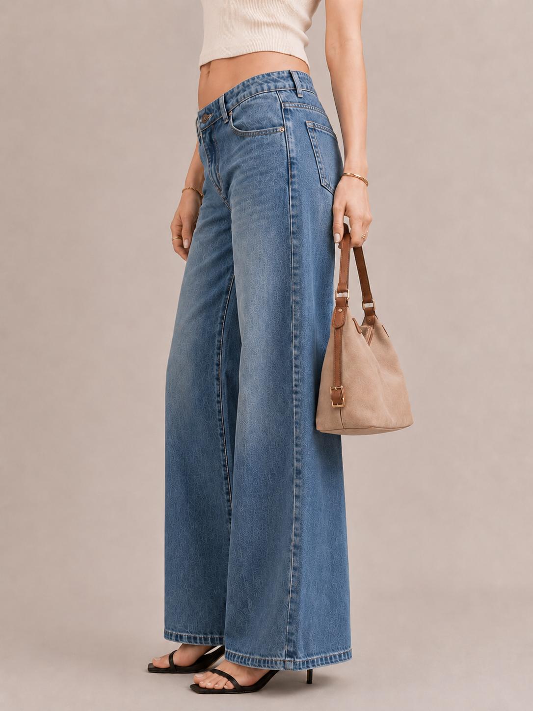 Street Print Detail Baggy Wide-Leg Jeans