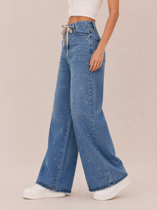 Chic Beaded Drawstring Wide-Leg Jeans