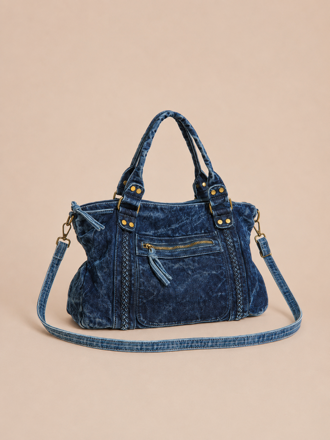 Vintage Braided-Trim Slouchy Satchel Bag