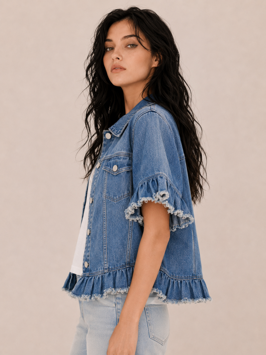 Women's Frayed Denim Cropped Jacket with Casual Fit