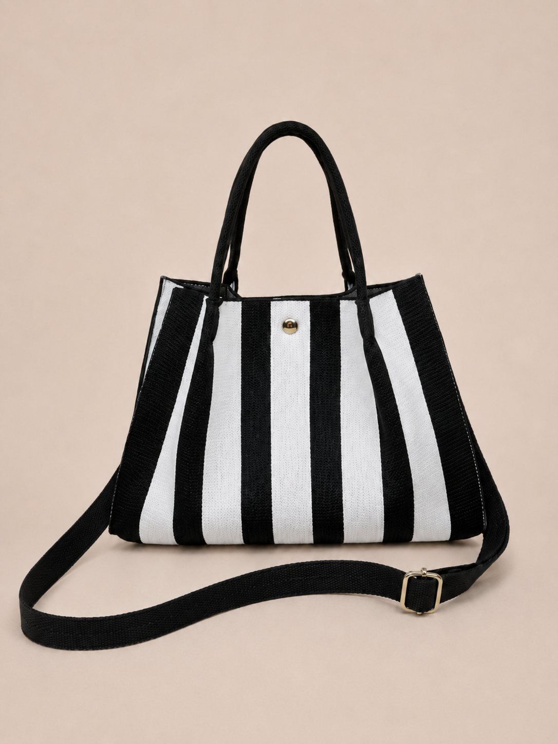 Striped Canvas Tote Bag with Crossbody Strap