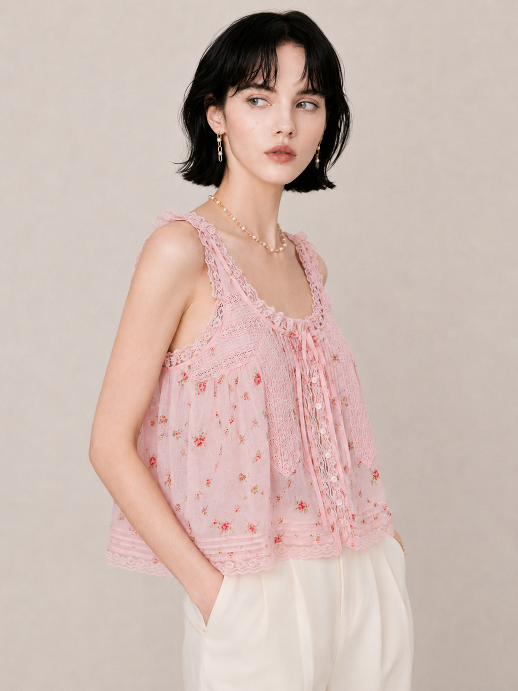 Sweet Lace-Trim Flowy Cami Top