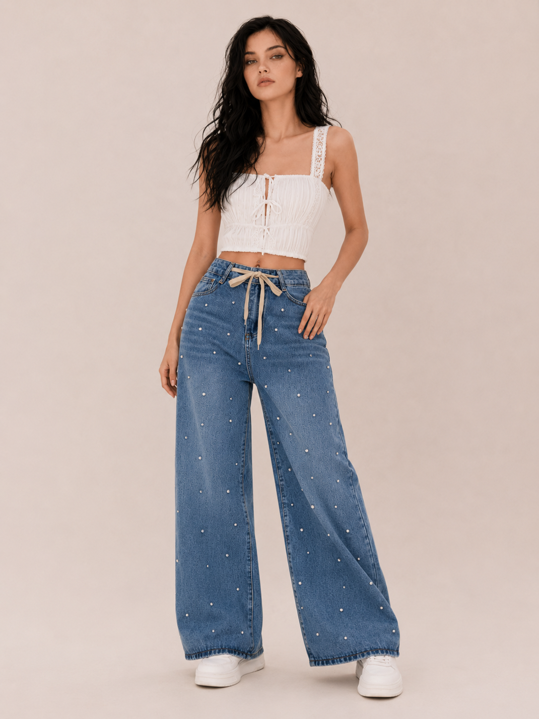Chic Beaded Drawstring Wide-Leg Jeans