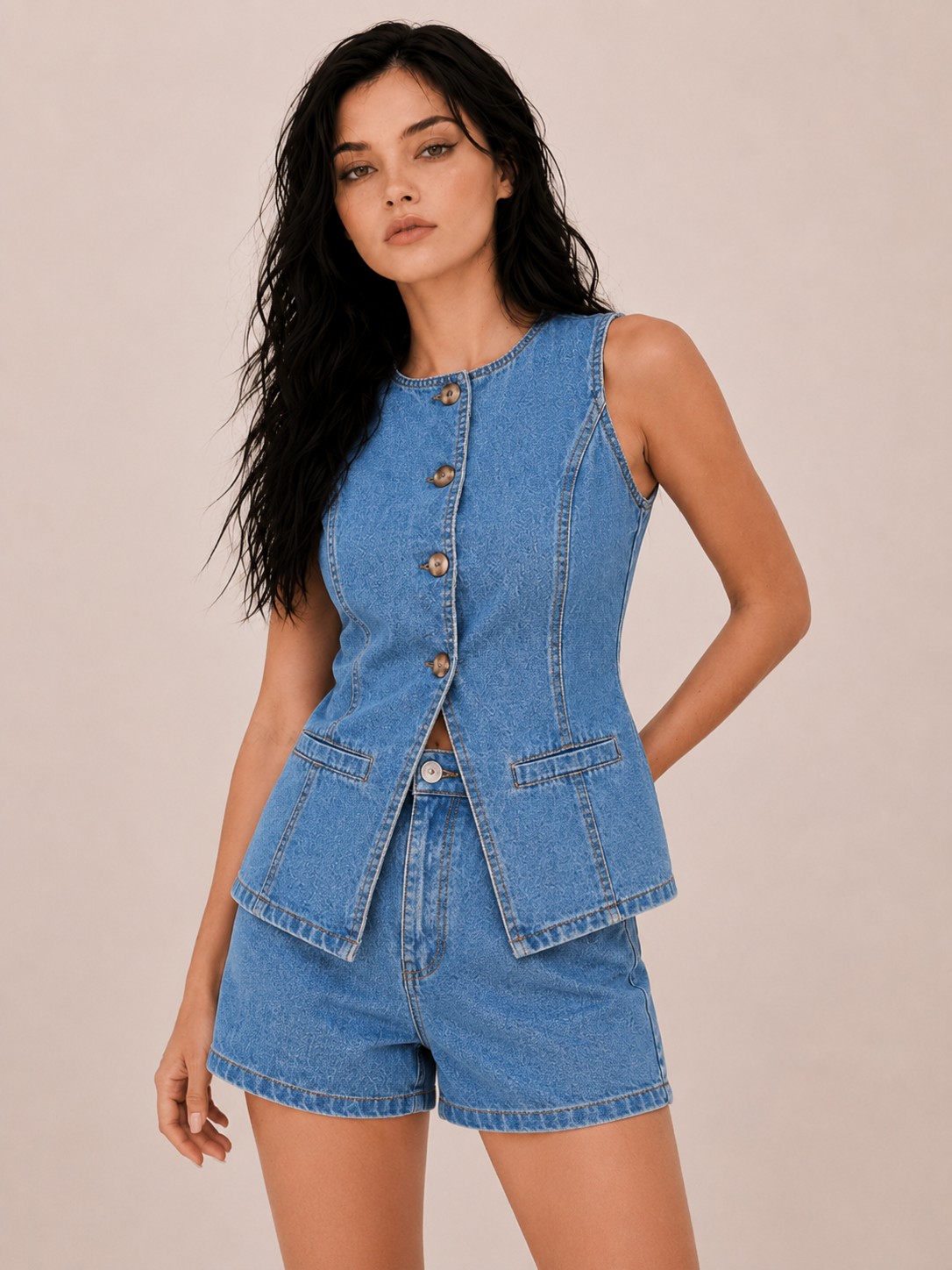 Vintage Button-Front Peplum Shorts Set