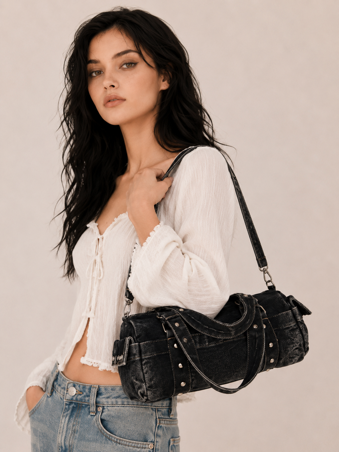 Vintage Studded Barrel Crossbody Bag