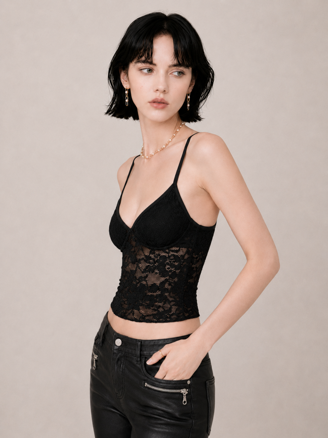 Romantic Lace-Panel Fitted Cami Top