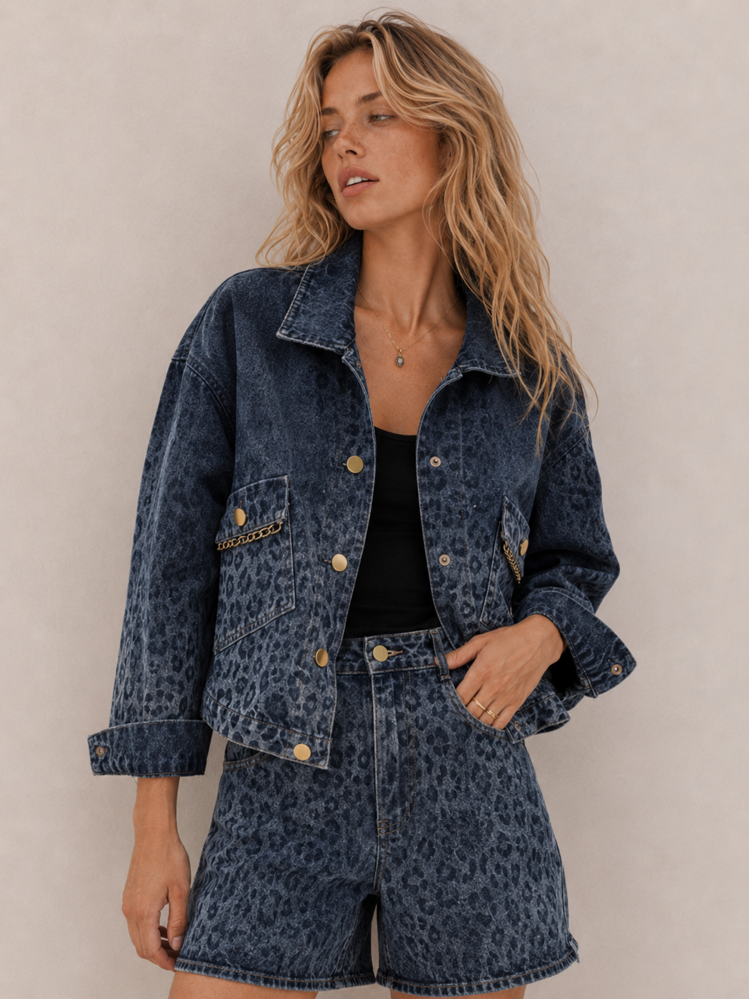 Vintage Leopard‑Print Denim Cropped Jacket